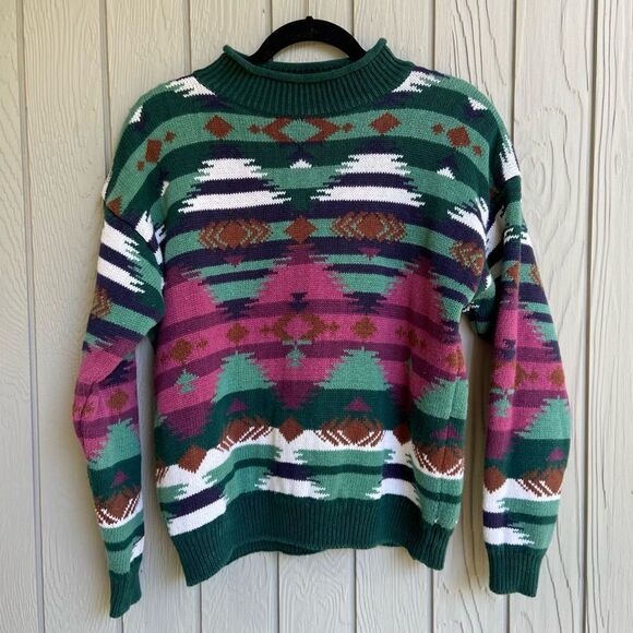 Vintage 90s Green Aztec Sweater Paris Sports Club SZ S - Picture 1 of 4
